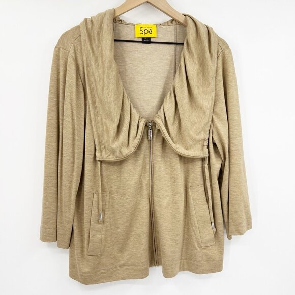 St. John Spa Beige Zip Up Cowl Neck Lightweight Jacket L Lounge Leisure Beach - Picture 1 of 10